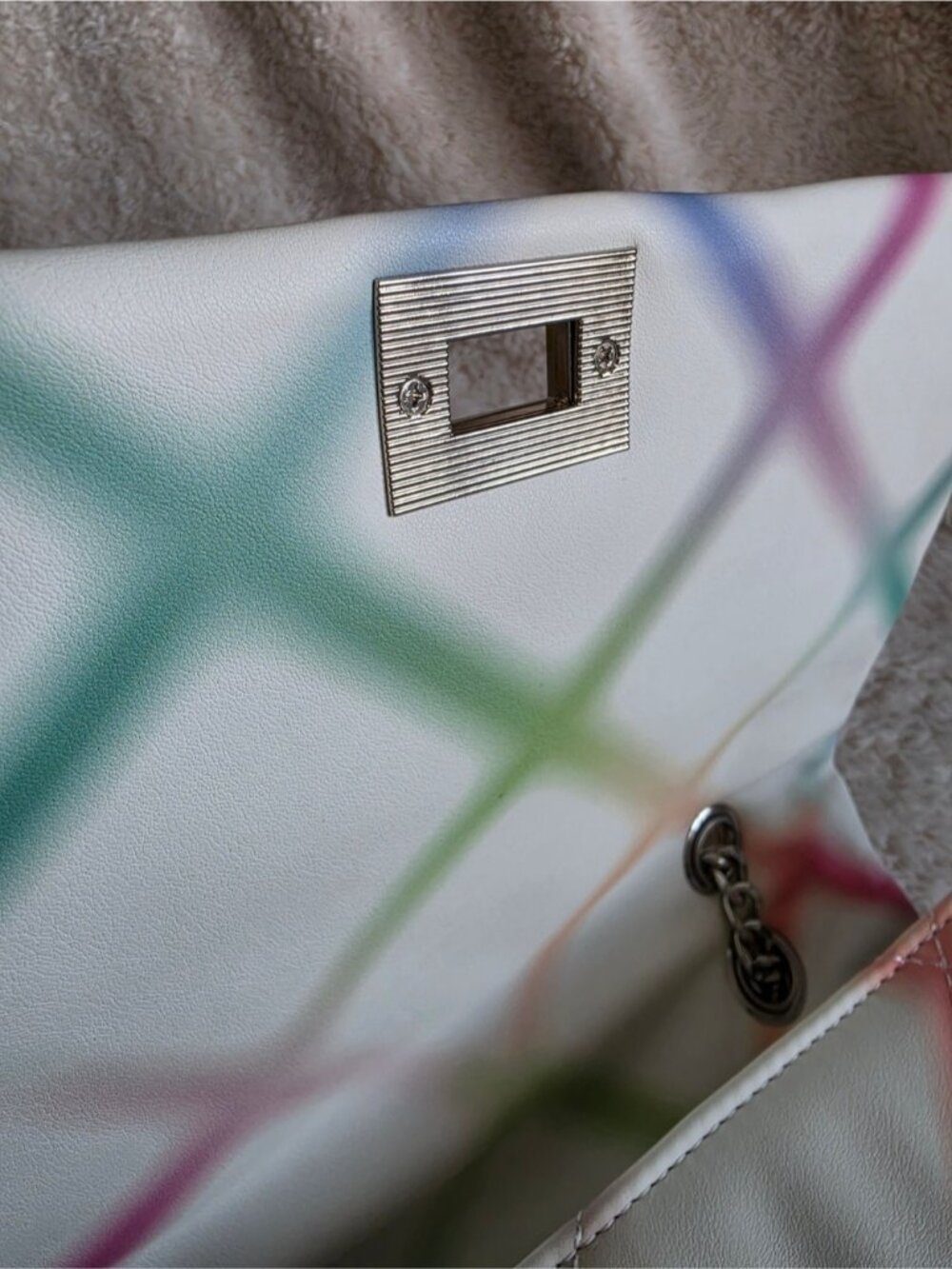 Multicolor Quilted Crossbody Bag White Pastel Rainbow Flap Bag Faux Leather - Picture 8 of 15